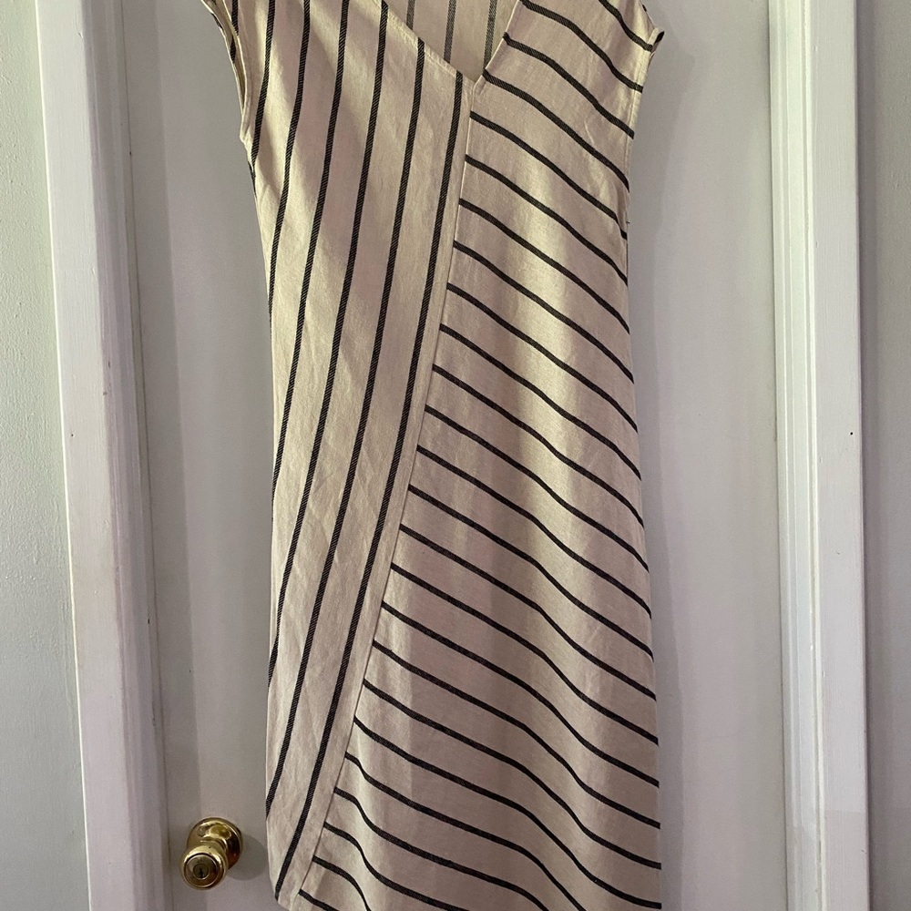 Tahari Asymmetrical Striped Linen Dress in Beige and Black
